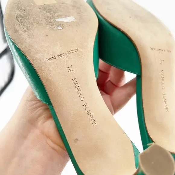 Manolo Blahnik Green Leather Pertinanu Bow Detail Kitten Heel Mules IT 37 - Picture 10 of 10